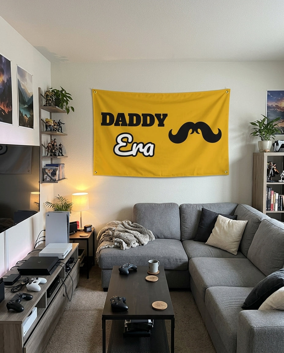 Daddy Era flag decorating a game room wall