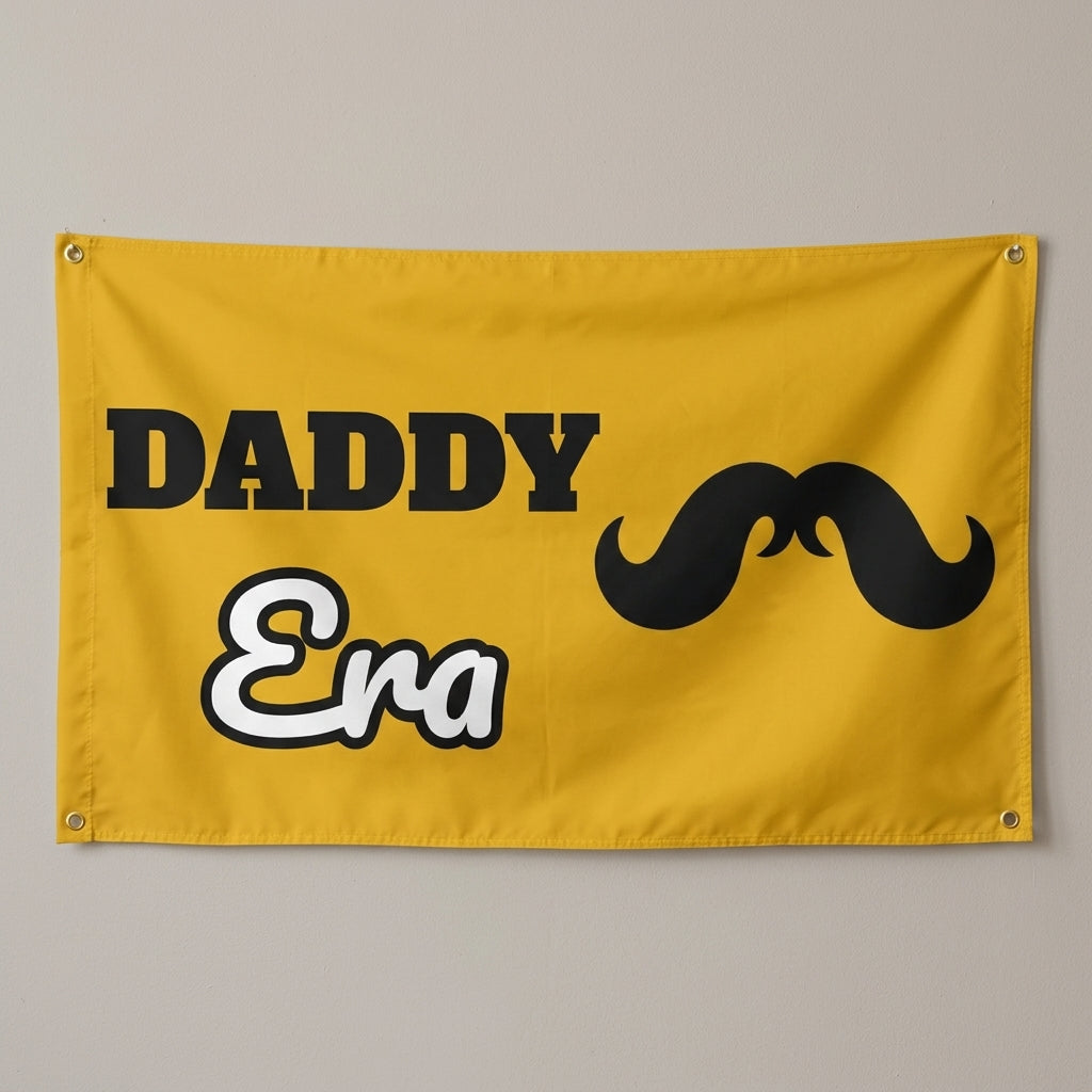 Daddy Era flag 3x5 in yellow with a black mustache, hung on a wall
