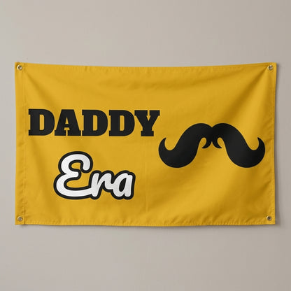 Daddy Era flag 3x5 in yellow with a black mustache, hung on a wall