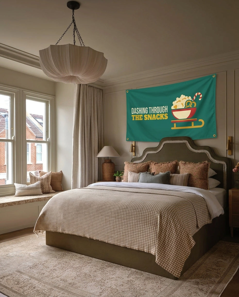 Dashing Through The Snacks Christmas wall flag hanging in a bedroom