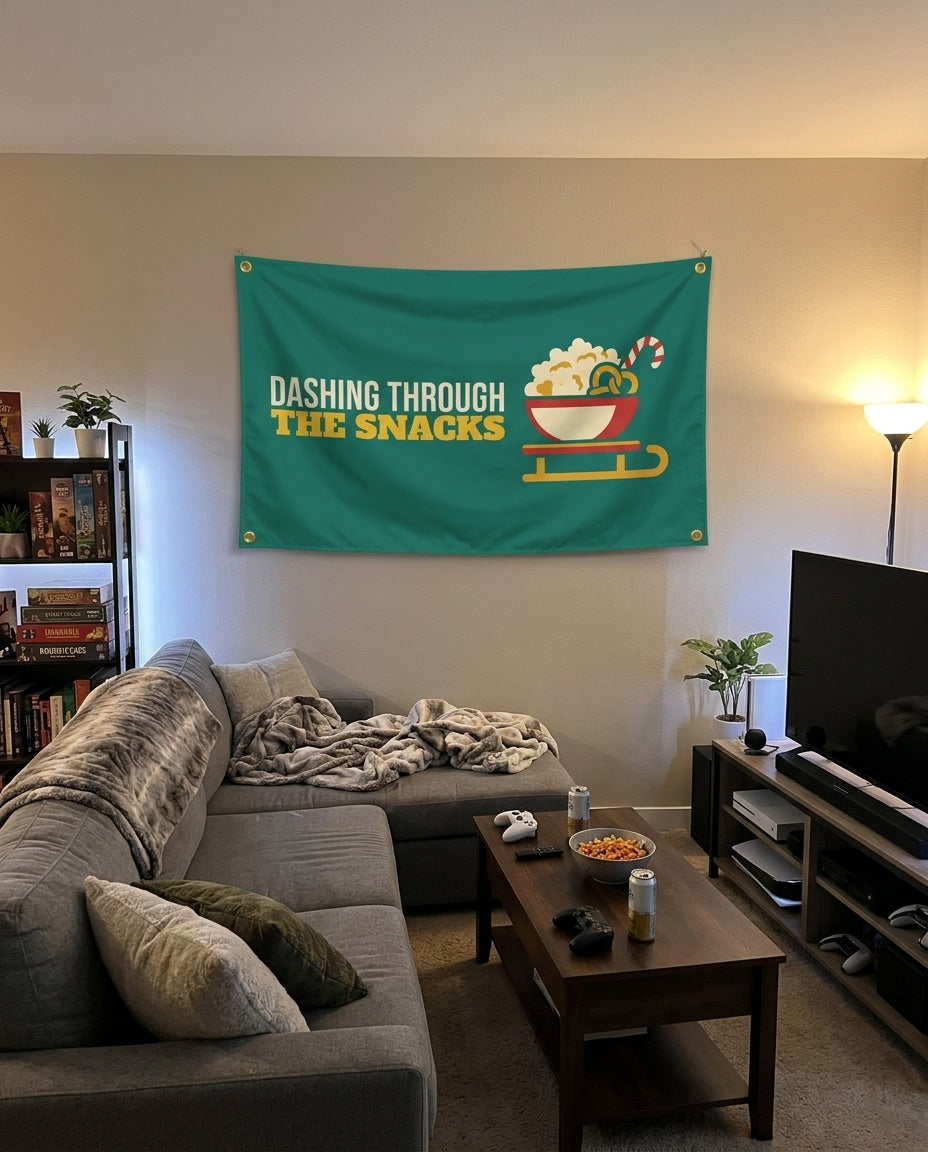Dashing Through The Snacks flag decorating a game room wall