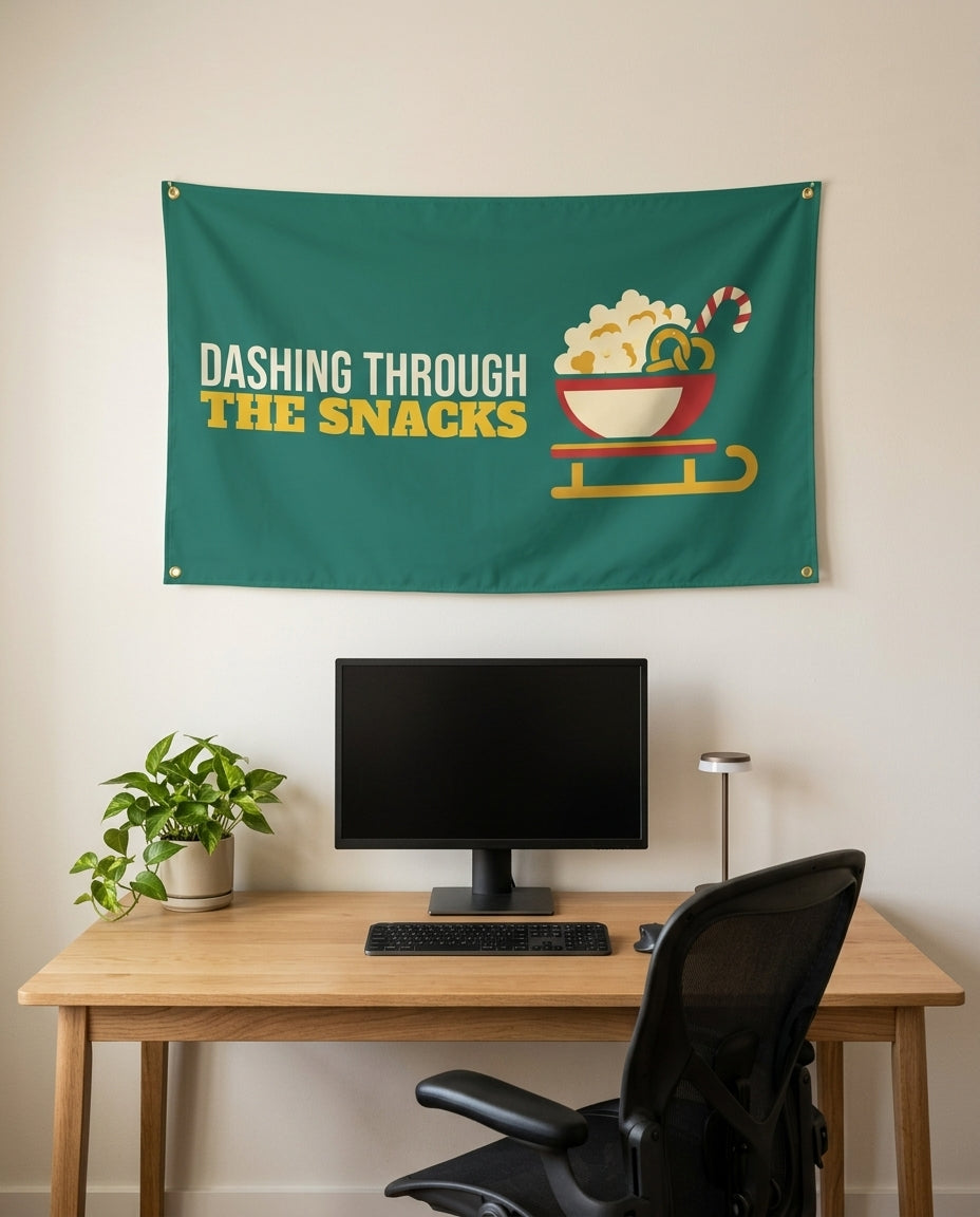 Dashing Through The Snacks 3x5 flag on a home office wall