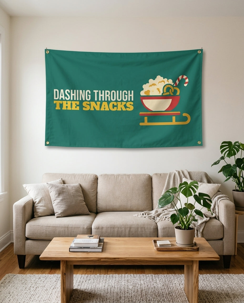 Dashing Through The Snacks flag used as living room wall decor