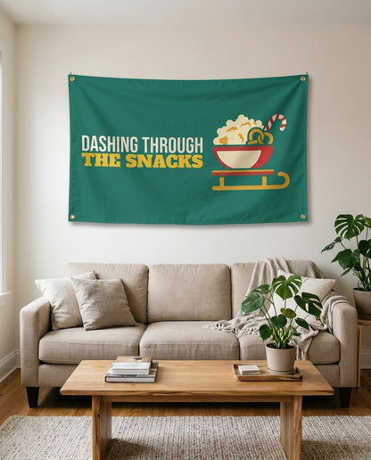 Dashing Through The Snacks flag used as living room wall decor