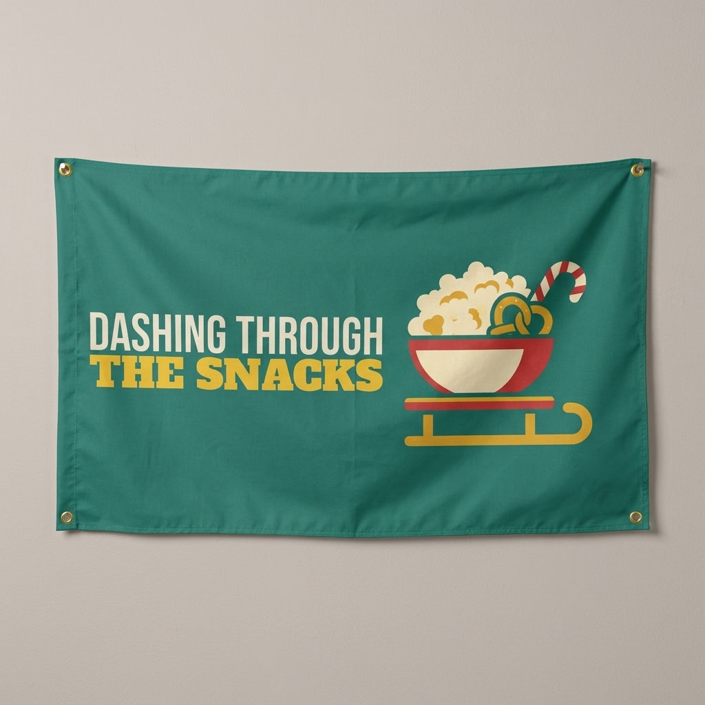 Dashing Through The Snacks flag 3x5 in teal with a sleigh full of popcorn, hung on a wall