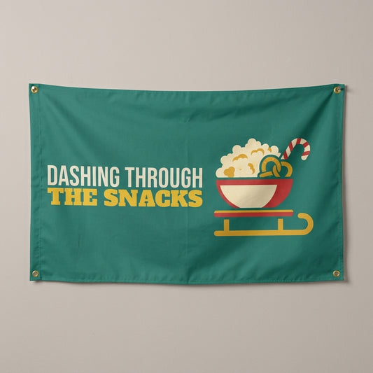 Dashing Through The Snacks flag 3x5 in teal with a sleigh full of popcorn, hung on a wall