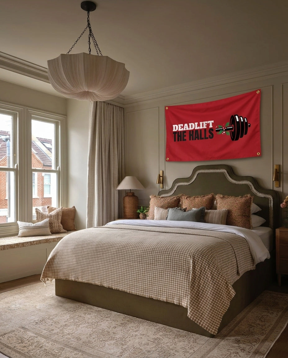 Deadlift The Halls gymnastics wall flag hanging in a bedroom