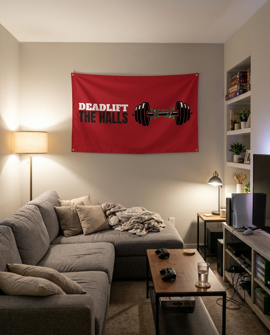 Deadlift The Halls flag decorating a game room wall