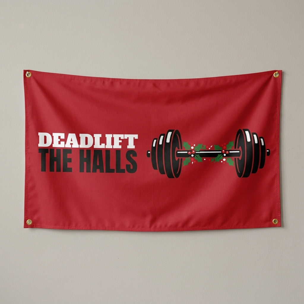Deadlift The Halls flag 3x5 in red with a barbell wrapped in holly, hung on a wall