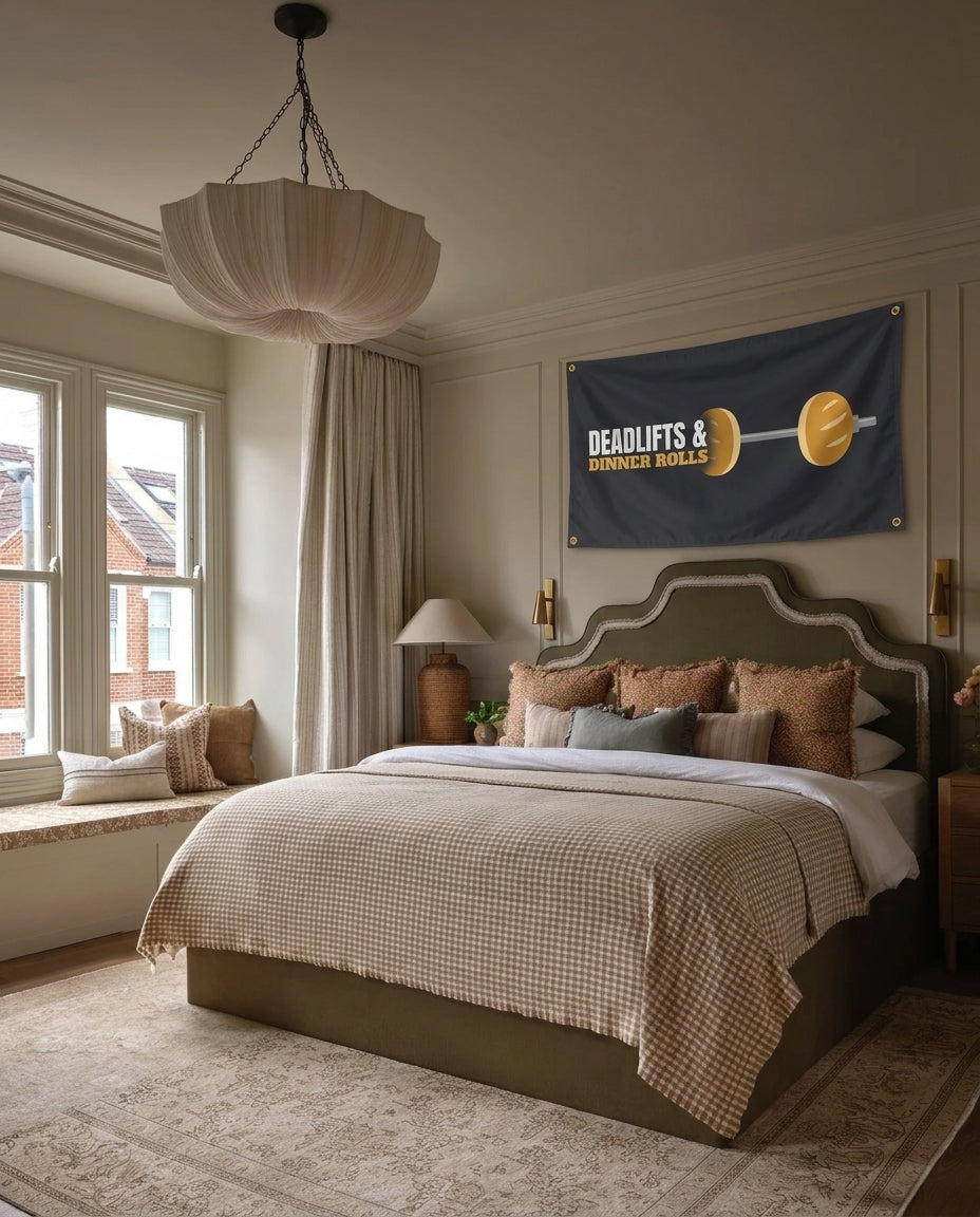 Deadlifts And Dinner Rolls gymnastics wall flag hanging in a bedroom