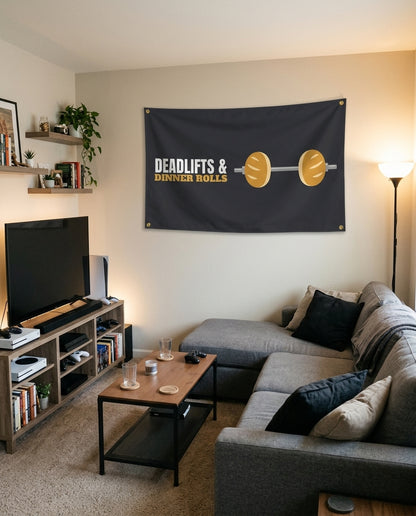 Deadlifts And Dinner Rolls flag decorating a game room wall