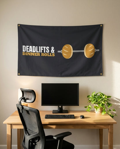 Deadlifts And Dinner Rolls 3x5 flag on a home office wall