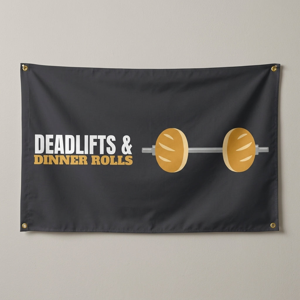 Deadlifts And Dinner Rolls flag 3x5 in charcoal with a barbell with dinner rolls, hung on a wall