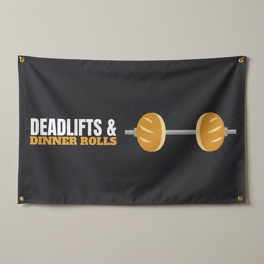 Deadlifts And Dinner Rolls flag 3x5 in charcoal with a barbell with dinner rolls, hung on a wall