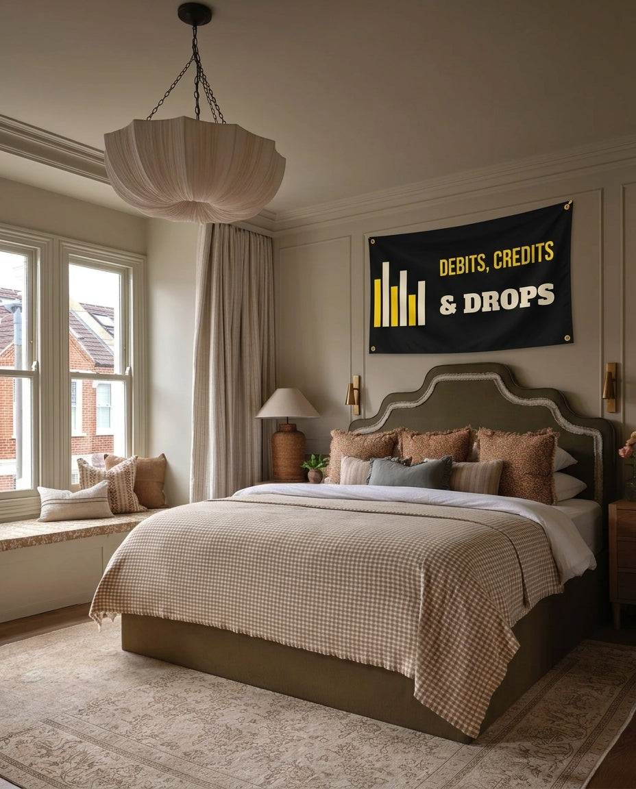 Debits Credits And Drops music wall flag hanging in a bedroom