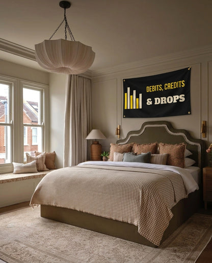 Debits Credits And Drops music wall flag hanging in a bedroom