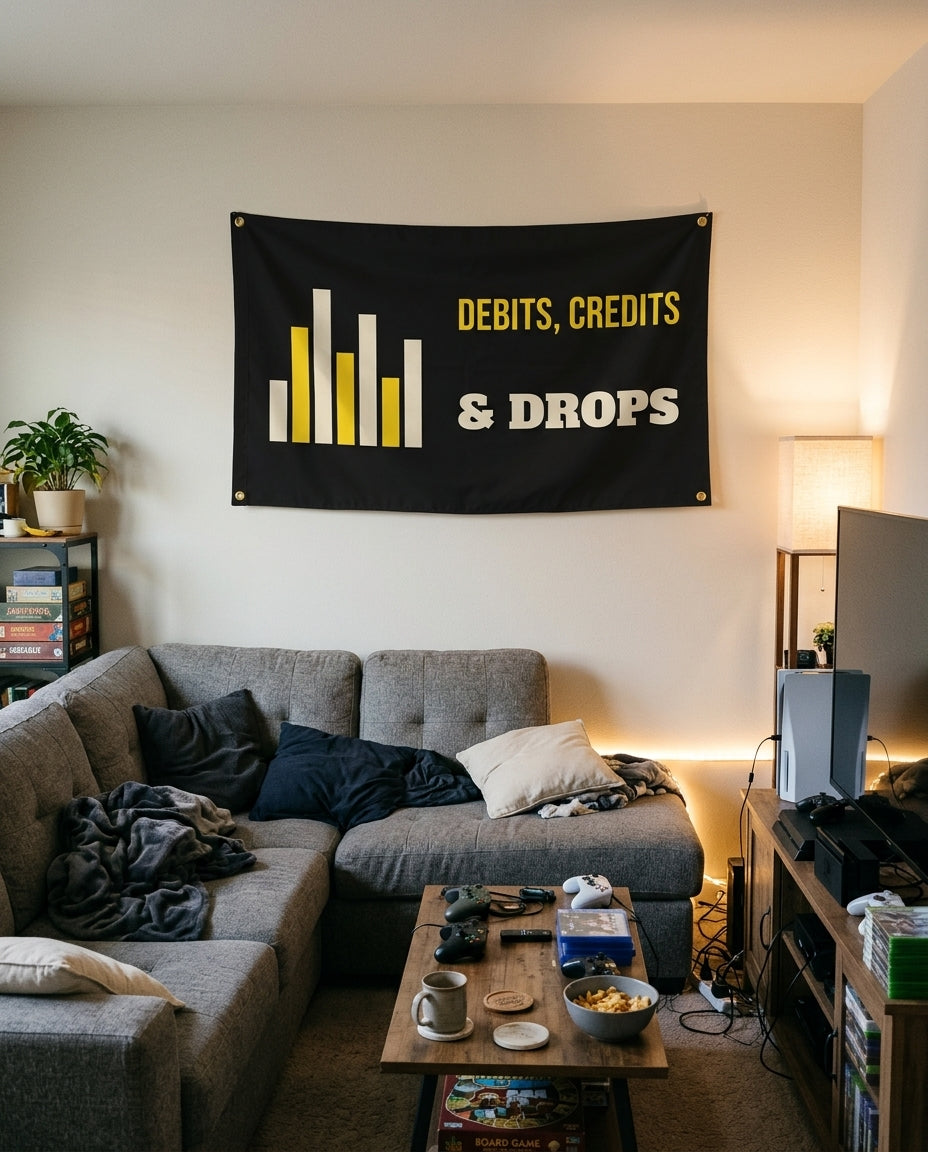 Debits Credits And Drops flag decorating a game room wall