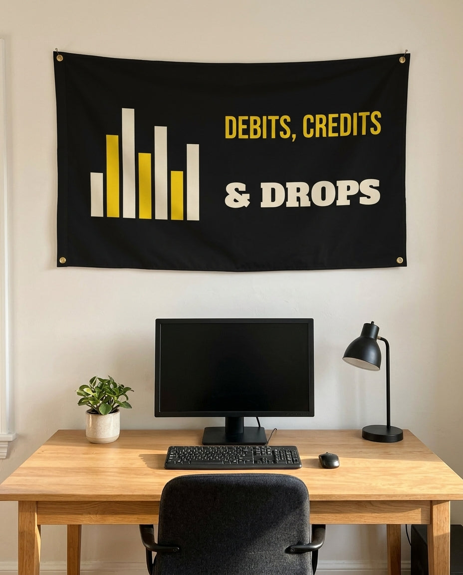 Debits Credits And Drops 3x5 flag on a home office wall