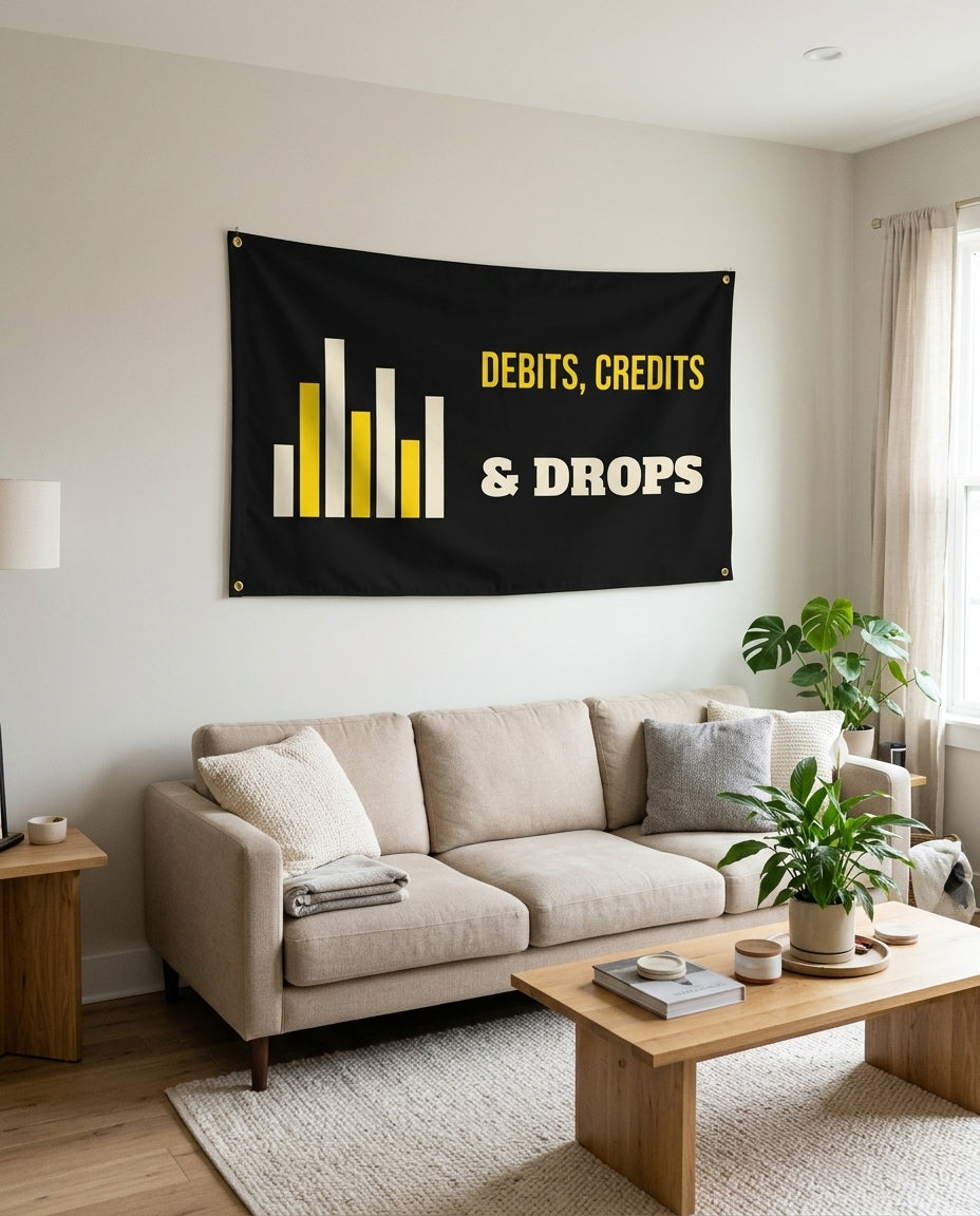 Debits Credits And Drops flag used as living room wall decor