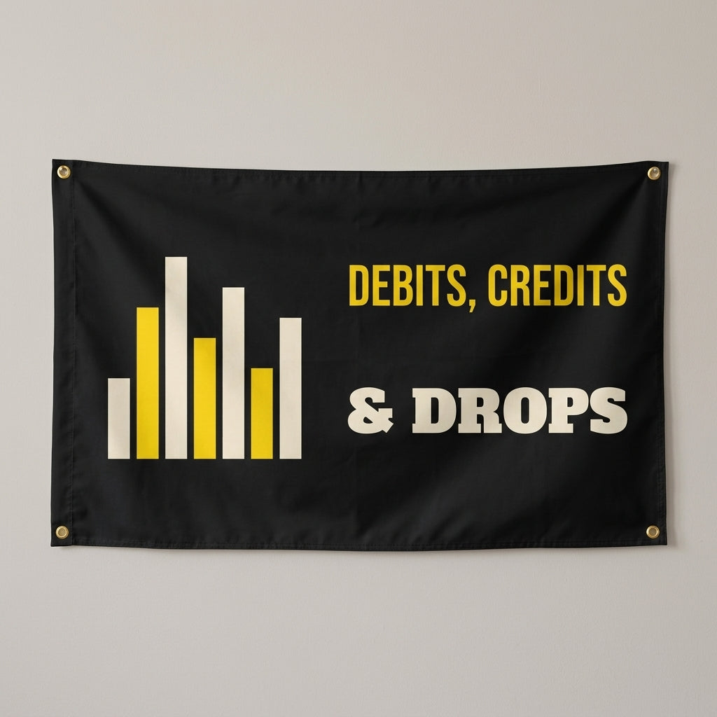 Debits Credits And Drops flag 3x5 in black with equalizer bars, hung on a wall