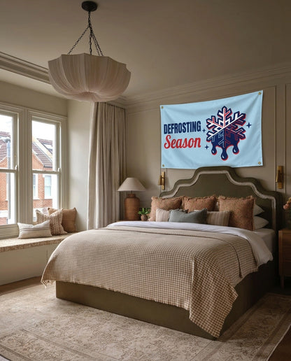 Melting Snowflake Season winter wall flag hanging in a bedroom