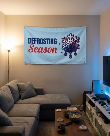 Melting Snowflake Season flag decorating a game room wall