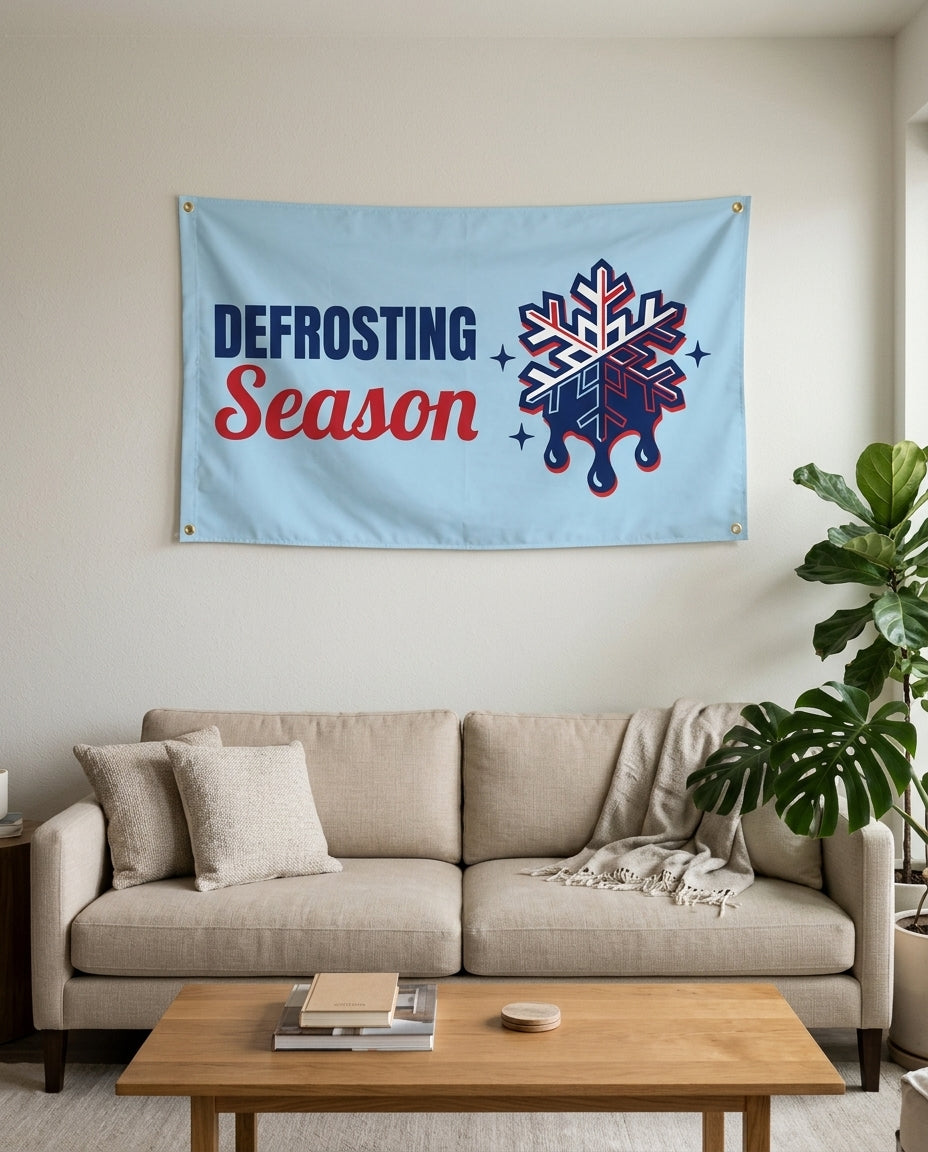Melting Snowflake Season flag used as living room wall decor