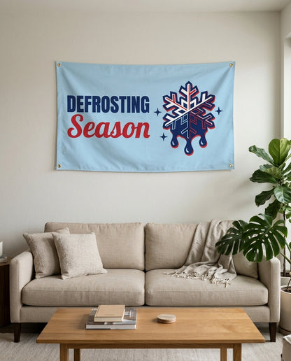 Melting Snowflake Season flag used as living room wall decor
