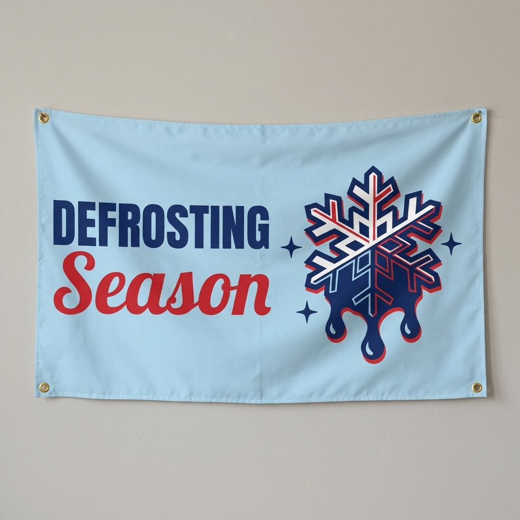 Melting Snowflake Season flag 3x5 in light blue with a melting snowflake, hung on a wall