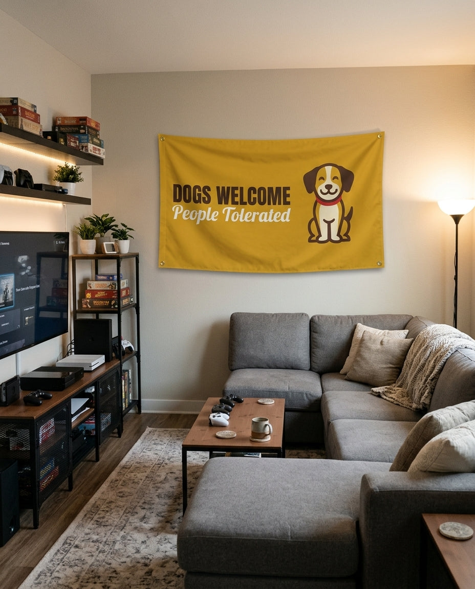 Dogs Welcome People Tolerated flag decorating a game room wall