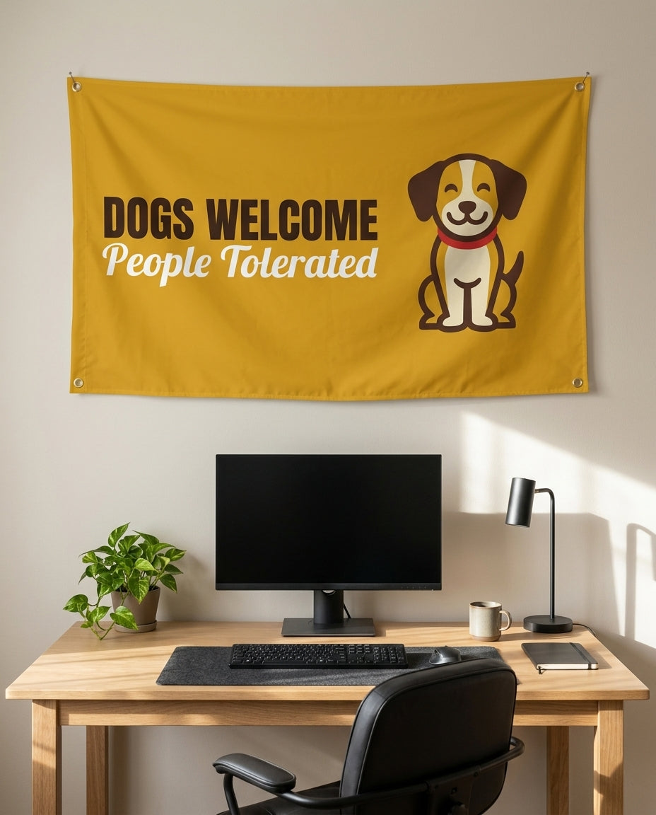 Dogs Welcome People Tolerated 3x5 flag on a home office wall