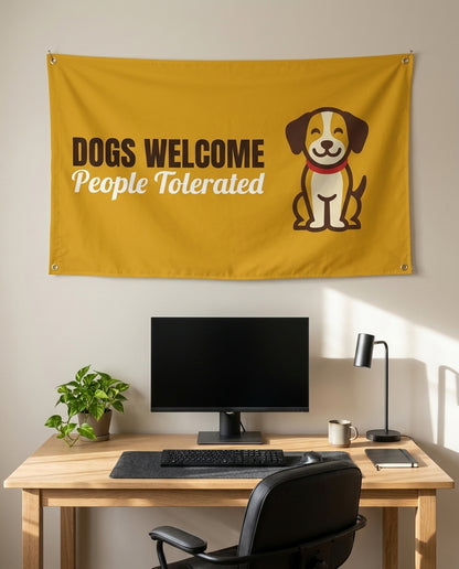 Dogs Welcome People Tolerated 3x5 flag on a home office wall