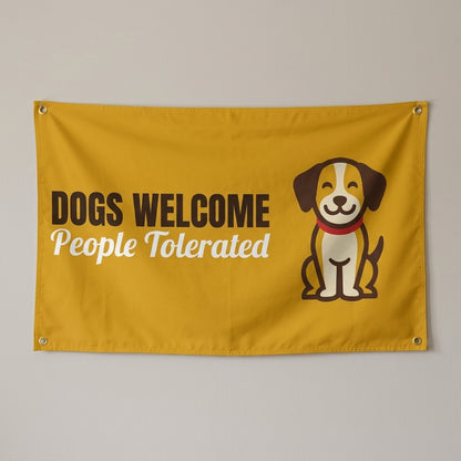 Dogs Welcome People Tolerated flag 3x5 in mustard with a smiling puppy, hung on a wall
