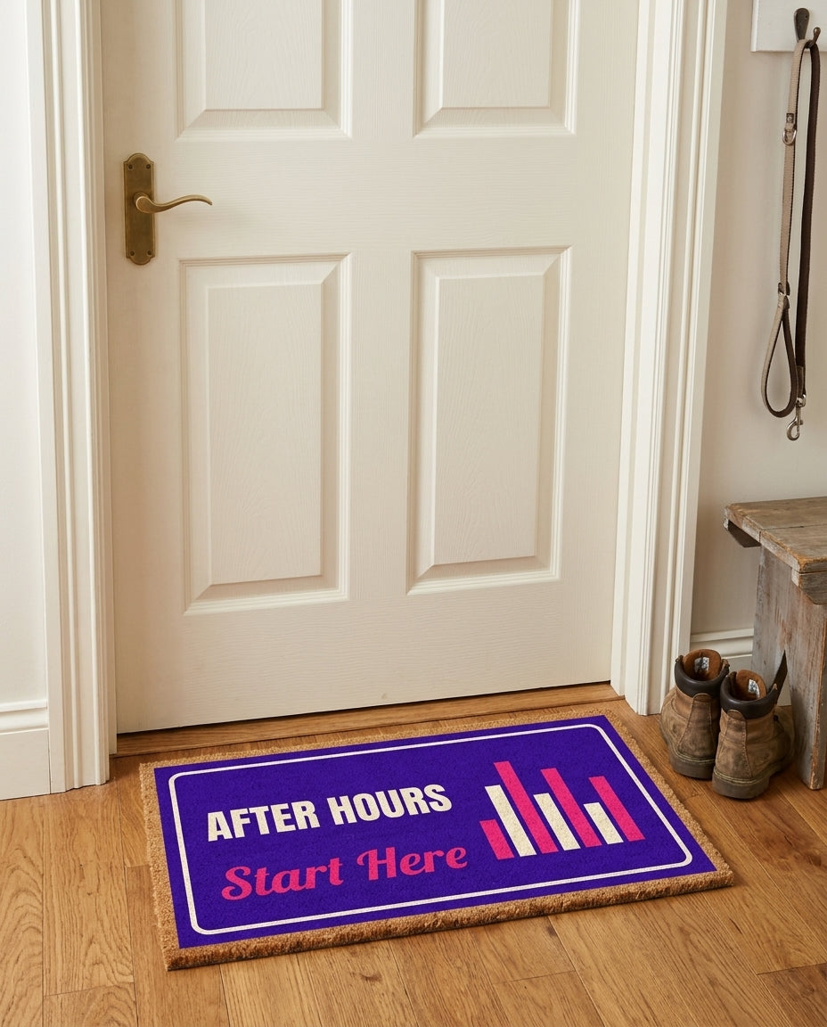 After Hours Start Here welcome mat in a home entryway