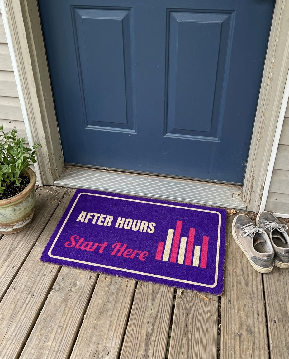 After Hours Start Here rave doormat on a front porch