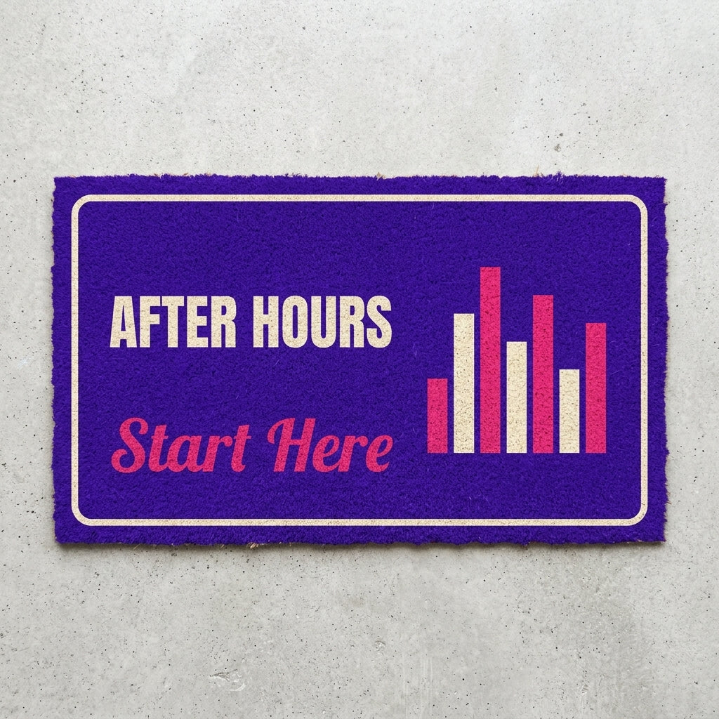 After Hours Start Here doormat 30x18 in violet with equalizer bars
