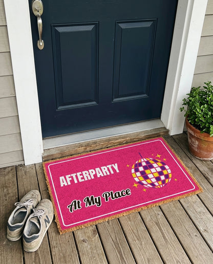 Afterparty At My Place funny party doormat on a front porch