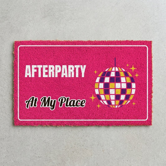 Afterparty At My Place doormat 30x18 in hot pink with a disco ball