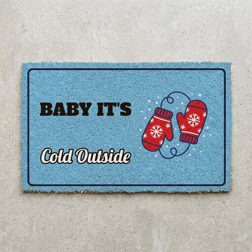 Baby Its Cold Outside doormat 30x18 in light blue with red mittens and snowflakes