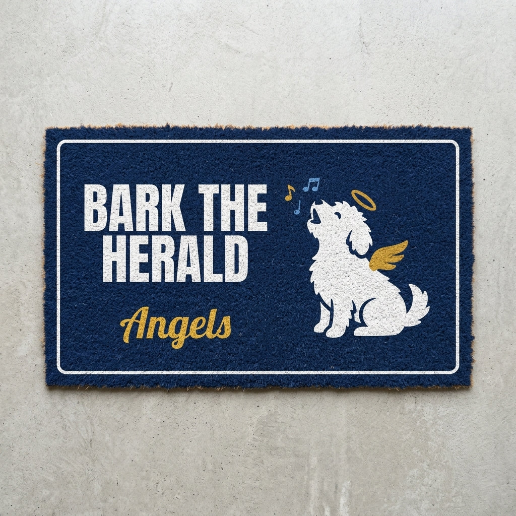 Bark The Herald Angels doormat 30x18 in navy with an angel dog