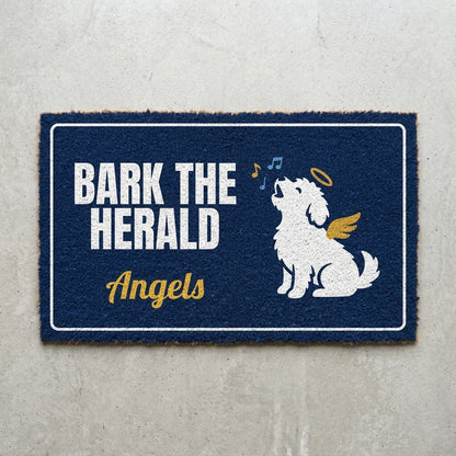 Bark The Herald Angels doormat 30x18 in navy with an angel dog