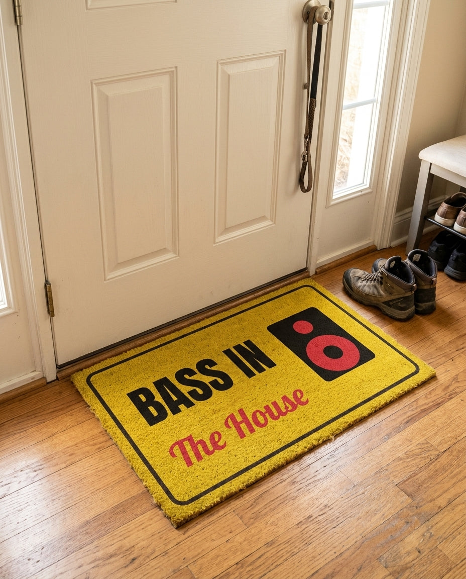 Bass In The House welcome mat in a home entryway