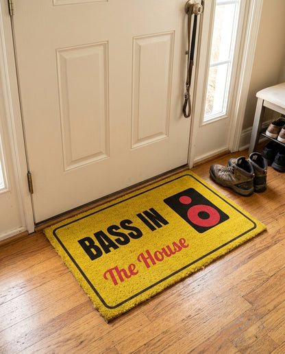 Bass In The House welcome mat in a home entryway