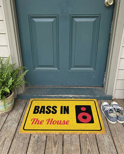 Bass In The House music doormat on a front porch