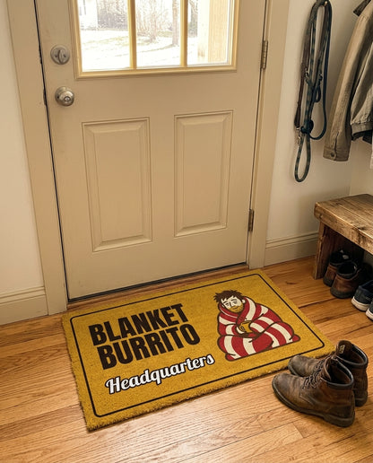 Blanket Burrito Headquarters welcome mat in a home entryway