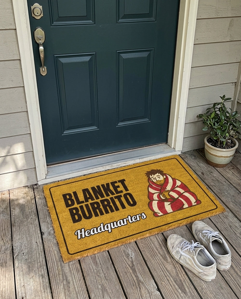 Blanket Burrito Headquarters funny winter doormat on a front porch