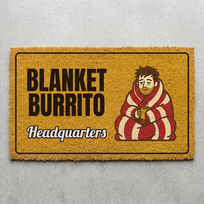 Blanket Burrito Headquarters doormat 30x18 in mustard with a man wrapped in a blanket