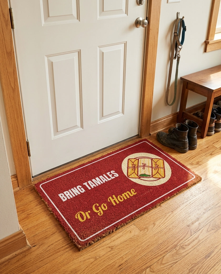 Bring Tamales Or Go Home welcome mat in a home entryway