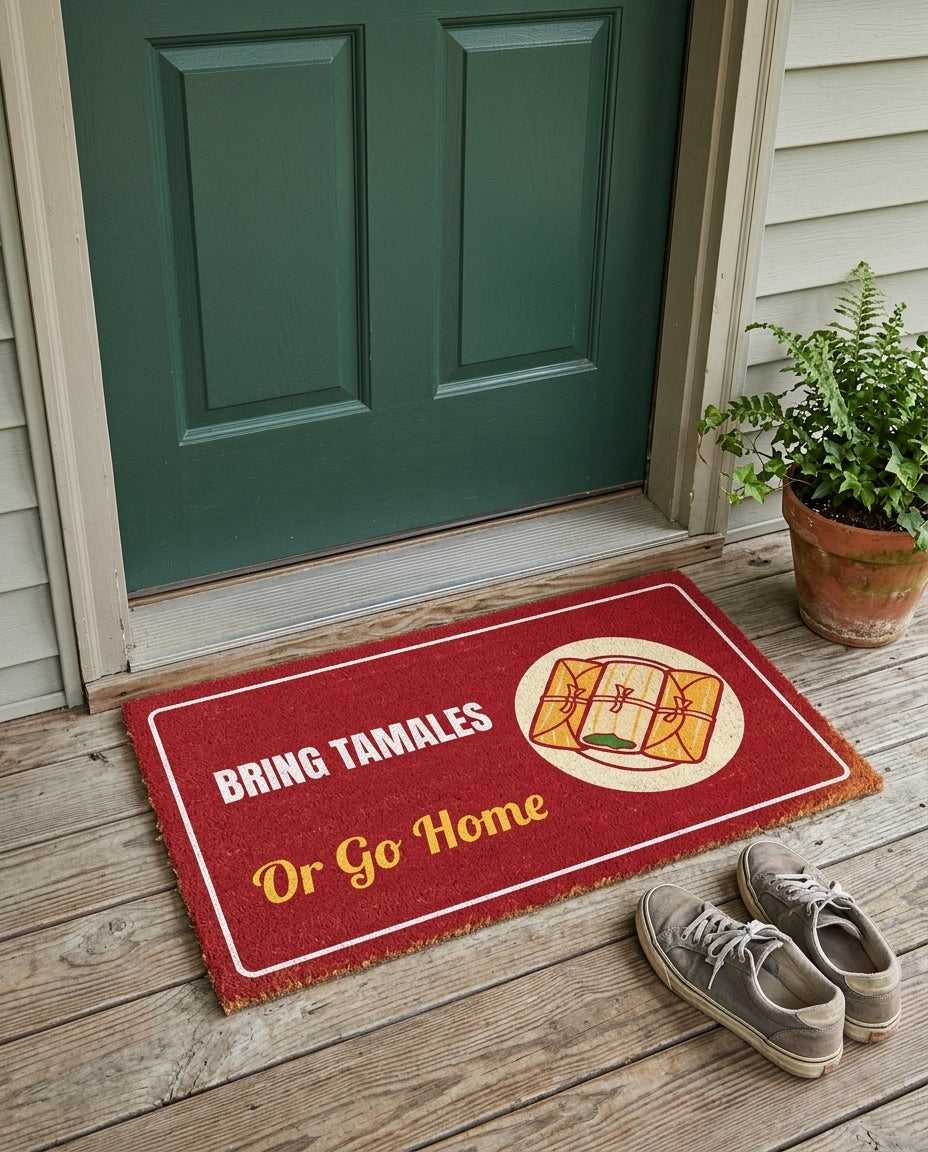 Bring Tamales Or Go Home Christmas doormat on a front porch