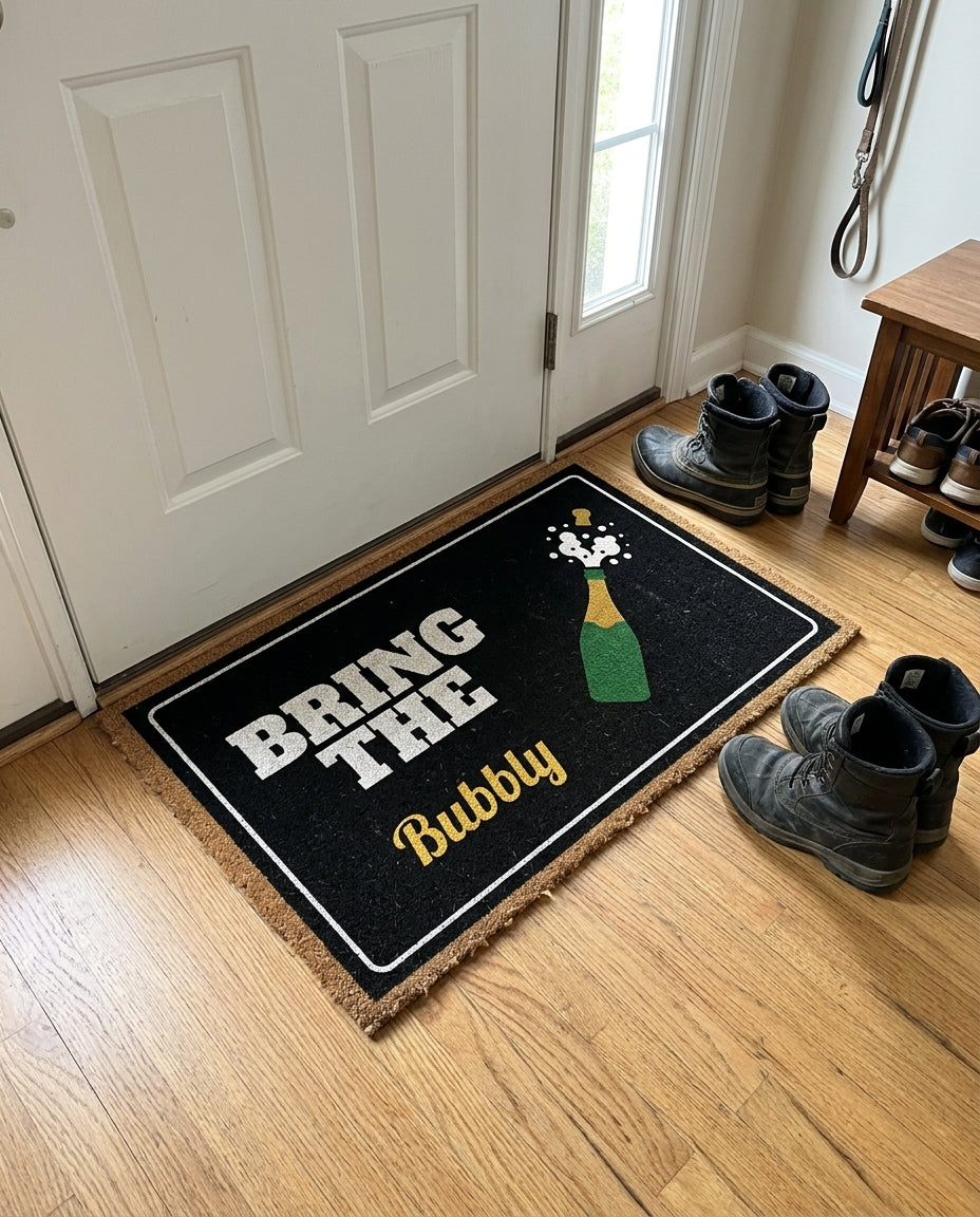 Bring The Bubbly welcome mat in a home entryway
